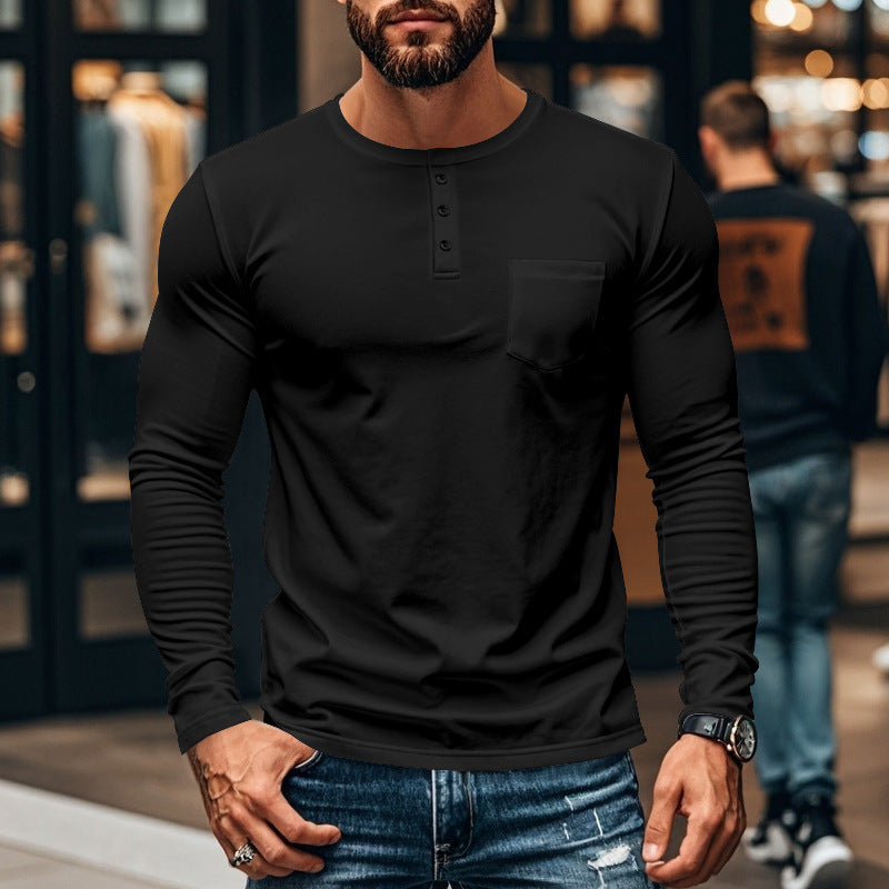 Herren nan figurbetontes Henley-Langarmshirt mit Brusttasche und feinem Stretchjersey Drune