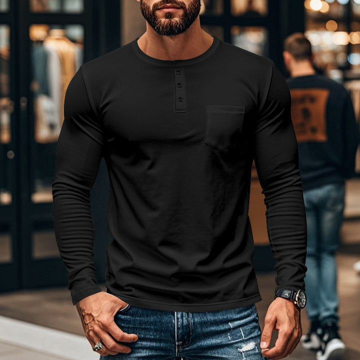 Herren nan figurbetontes Henley-Langarmshirt mit Brusttasche und feinem Stretchjersey Drune