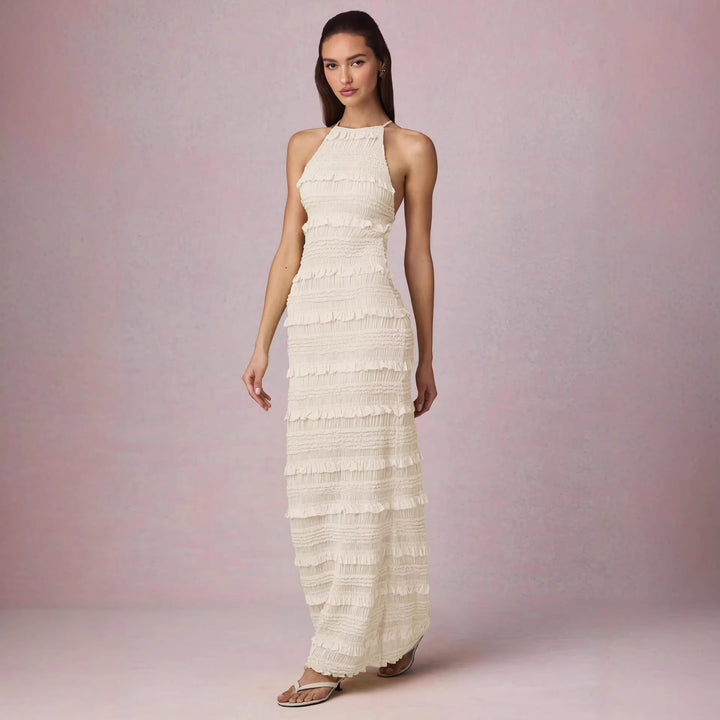 Damen Maxi-Kleid mit fransendem Design und elegantem Halterneck Drune