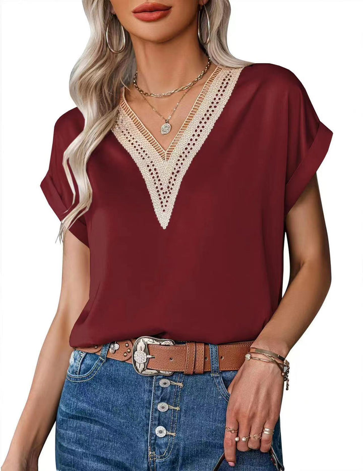 Damen Satin Bluse mit elegantem V-Ausschnitt und raffinierten Spitzenakzenten Drune
