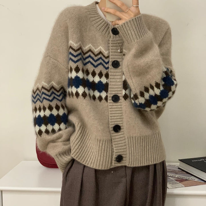 Damen modische Strickjacke mit auffälligem Jacquard-Muster Drune