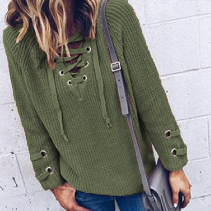 Damen Lässiger Strickpullover mit dekorativem Schnürdesign und weiten Ärmeln Drune