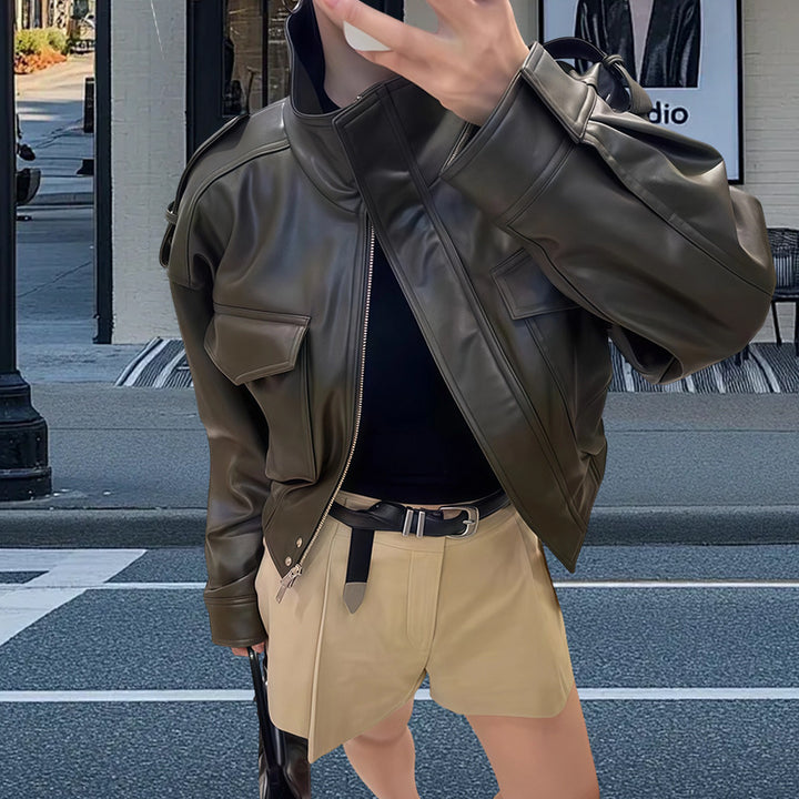 Damen Kunstlederjacke im urbanen Stil mit Stehkragen und praktischen Taschen Drune