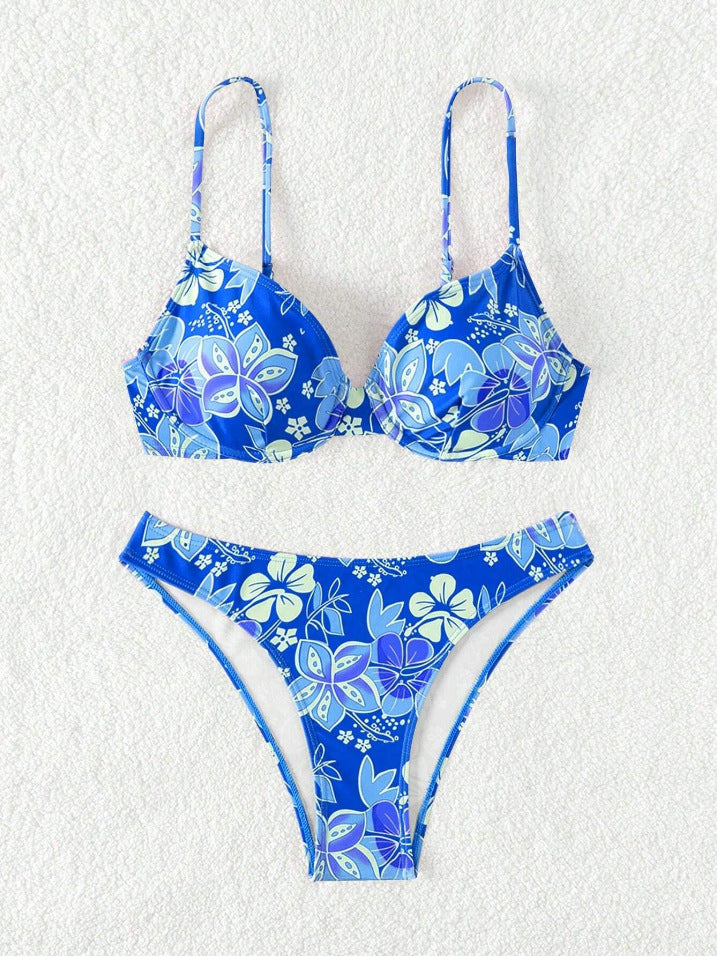 Damen gepolsterter Triangel-Bikini mit floralem Design und verstellbaren Trägern Drune