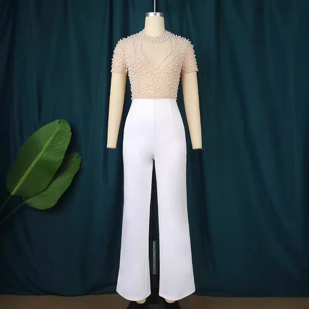 Damen eleganter Jumpsuit mit glitzernden Perlenakzenten Drune