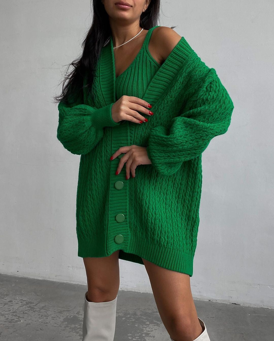 Damen Großer Strickcardigan mit Knopfleiste und Ballonärmeln Drune