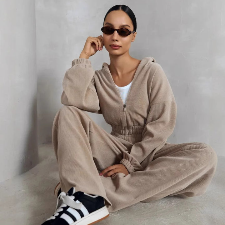 Damen nan kurzes Kapuzen-Loungewear-Set mit durchgehendem Reißverschluss, elastischem Komfortbund und gerippter Struktur Drune