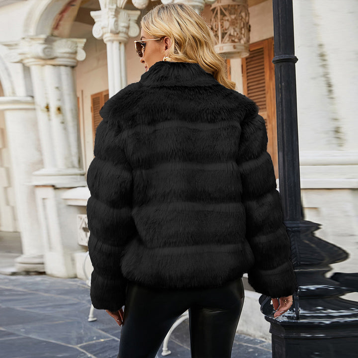 Damen Kurze Kunstpelzjacke mit voluminösen Ärmeln Drune