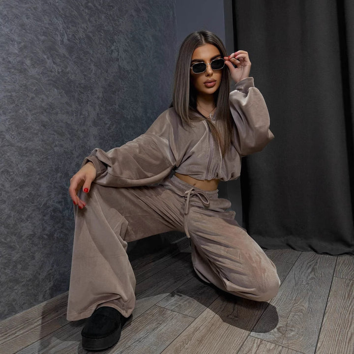 Damen Fleece-Cropped-Loungewear-Set mit weiten Hosen Drune