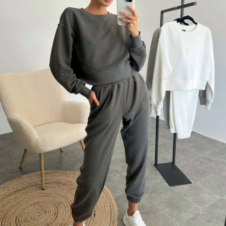 Damen nan Cropped-Sweater-Set mit V-Nahtdetail und hoher Taille Jogginghose Drune