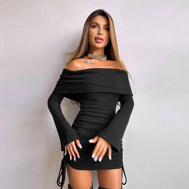 Damen Off-Shoulder Mini-Kleid mit Raffung und langen Ärmeln Drune