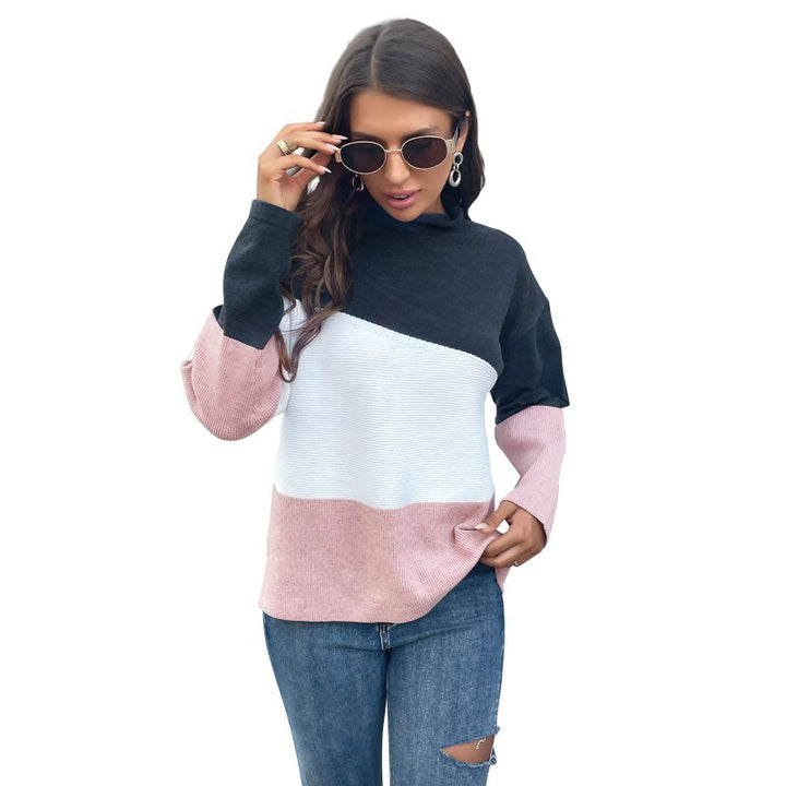 Damen Strickpullover mit modernem Farbblock-Design und hohem Kragen Drune