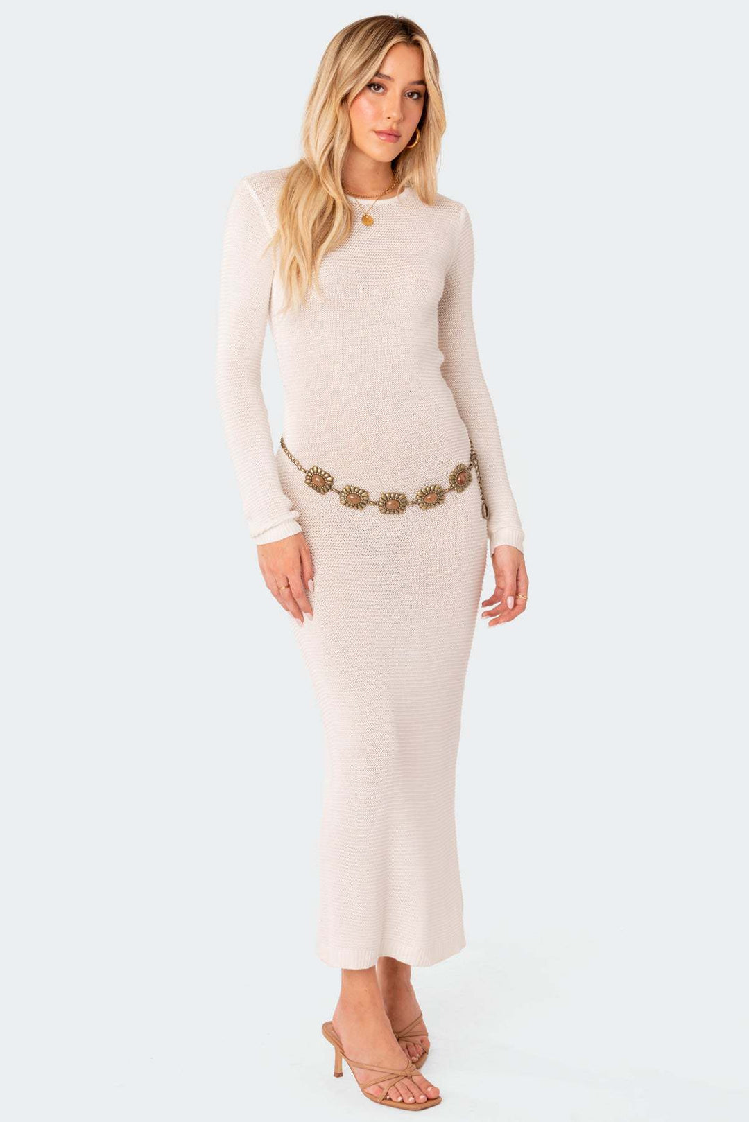 Damen elegantes Strick-Maxikleid mit Schnittdetails und stilvollem Ärmel Drune
