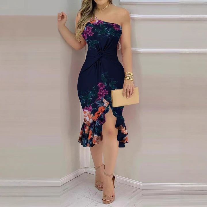 Damen Elegantes asymmetrisches Blumenkleid mit fließendem Saum und Raffung Drune