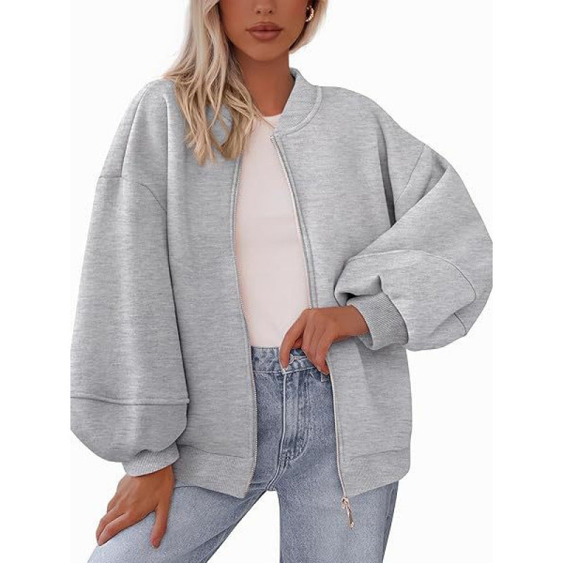 Damen lässige Oversized-Jacke mit Reißverschluss und ballonen Ärmeln Drune