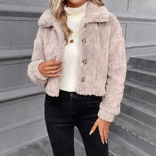 Damen Kuschelige Plüschjacke mit Knopfverschluss und Kragen Drune