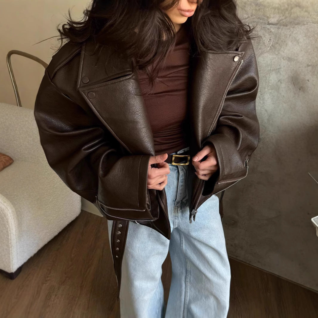 Damen elegante Kunstlederjacke mit Gürtel und übergroßen Ärmeln Drune