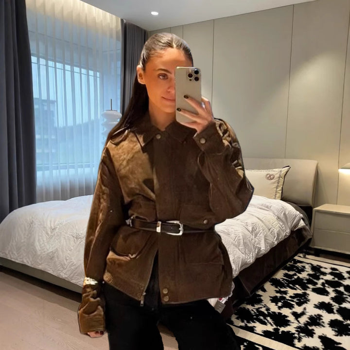 Damen stylische Utility-Jacke mit Gürtel und praktischen Taschen Drune