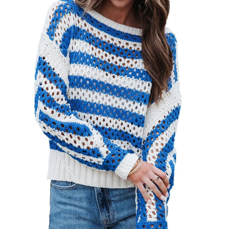 Damen luftiger Strickpullover mit großflächigem Lochmuster und Streifendesign Drune
