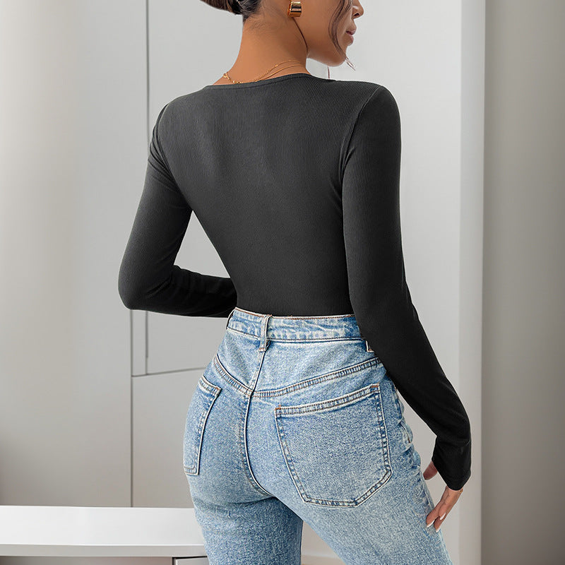 Damen figurbetontes Bodysuit mit langen Ärmeln und elegantem Spitzeneinsatz Drune