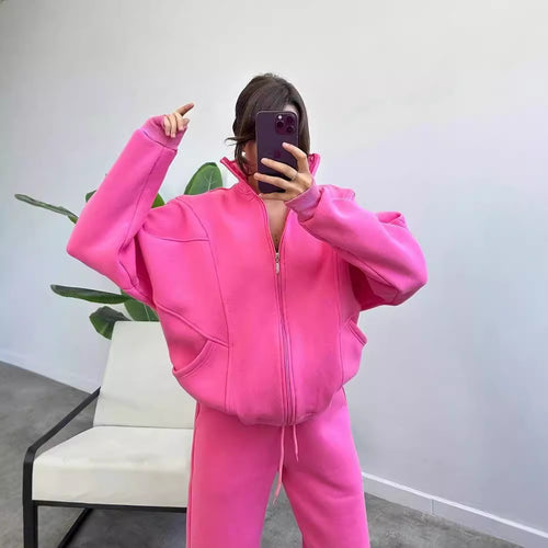Damen bequemer und stilvoller Zip-Hoodie mit passenden Jogginghosen Drune