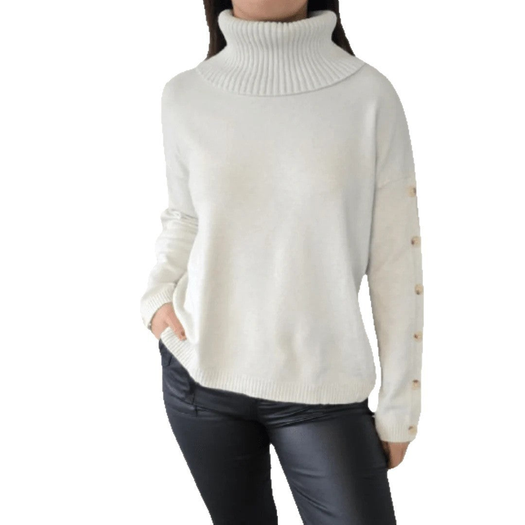 Damen Pullover mit Rollkragen und dekorativen Knopfdetails Drune