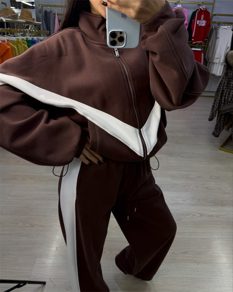 Damen Sportlicher Jogginganzug mit hohem Kragen und markanten Kontraststreifen Drune