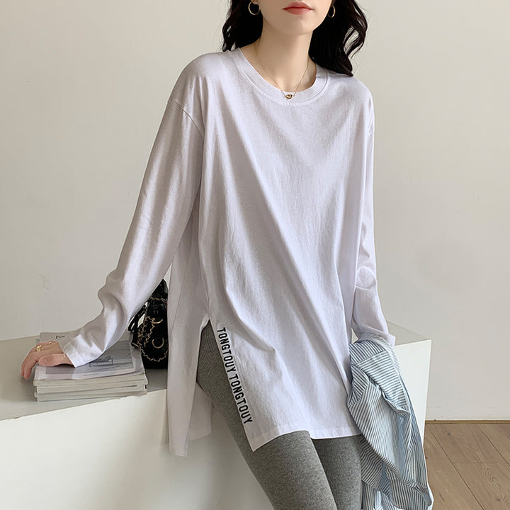 Damen längeres Oversized-Shirt mit seitlichen Schlitzen und modernem Schriftzug Drune