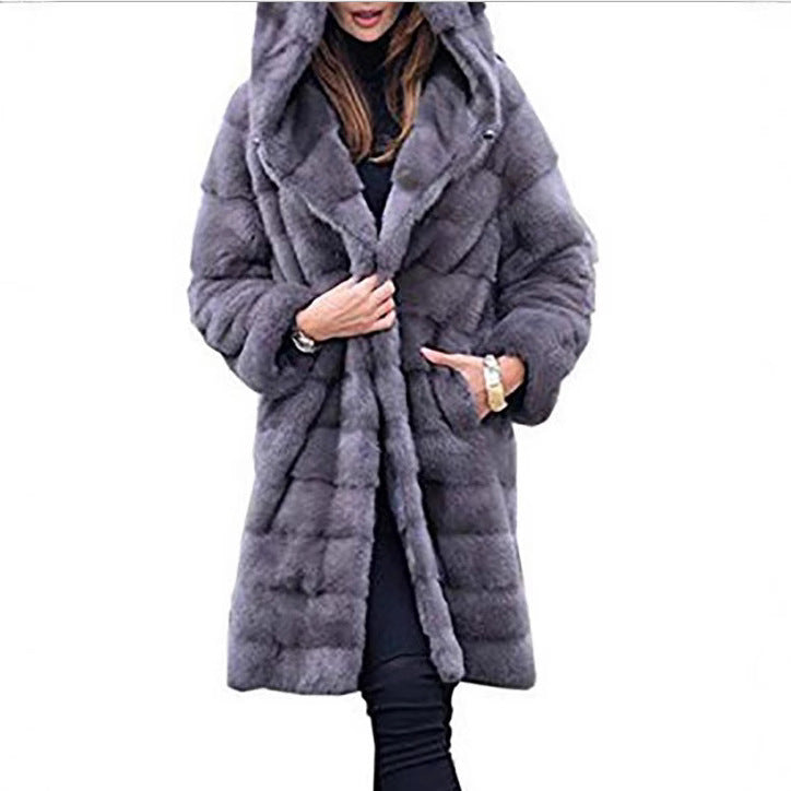 Damen nan oversized Kunstfellmantel mit Kapuze und gestepptem Paneldesign Drune