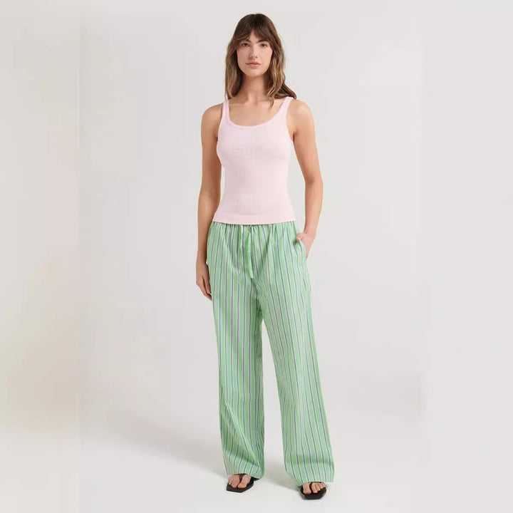 Damen lässige bequeme Schlafhose aus leichtem Baumwollstoff mit eleganten Streifen Drune