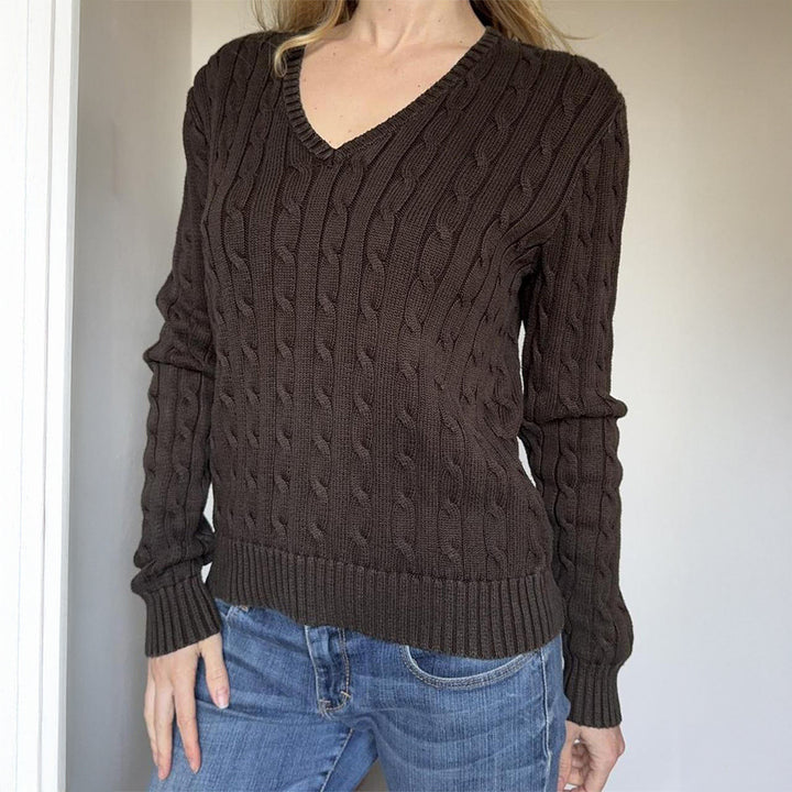 Damen nan Premium-Baumwollmix Zopfstrickpullover mit tiefem V-Ausschnitt und taillierter Silhouette Drune