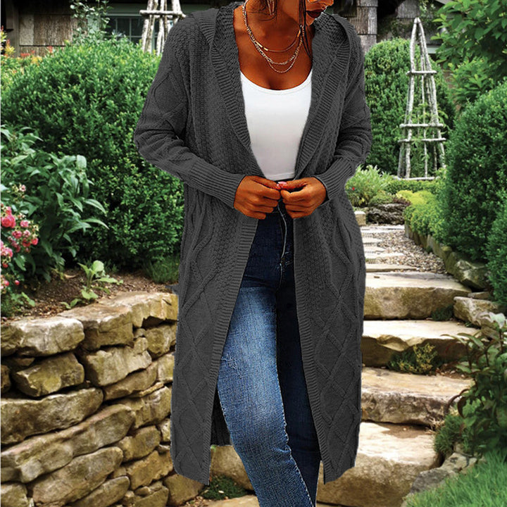 Damen langer Strickcardigan mit Hochkragen und Zopfmuster Drune