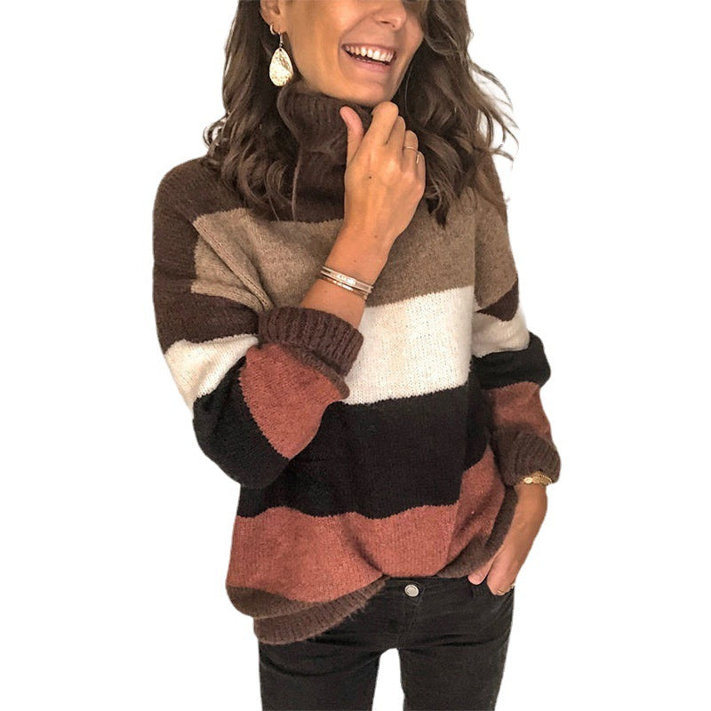 Damen Grobstrickpullover mit hohem Kragen und gestreiftem Design Drune