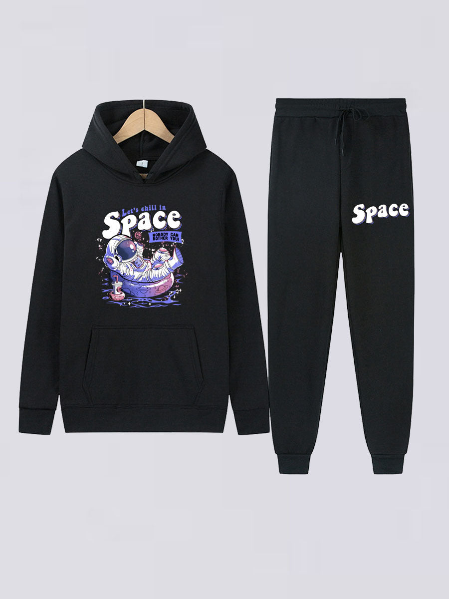 Damen lässiges Hoodie- und Jogginghose-Set mit kreativem Astronauten-Print Drune