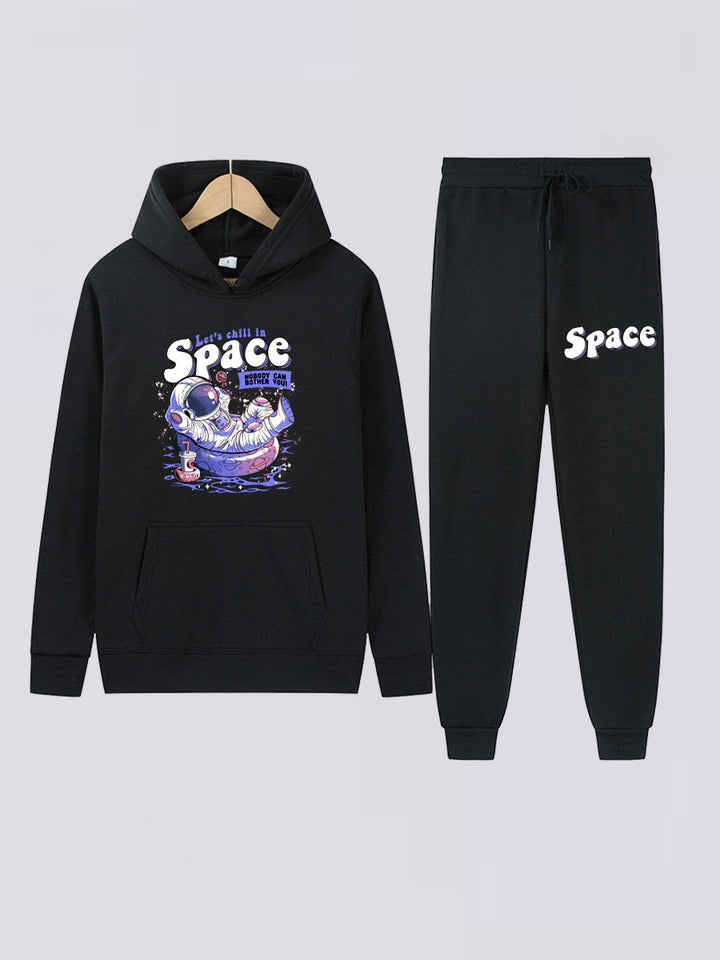 Damen lässiges Hoodie- und Jogginghose-Set mit kreativem Astronauten-Print Drune