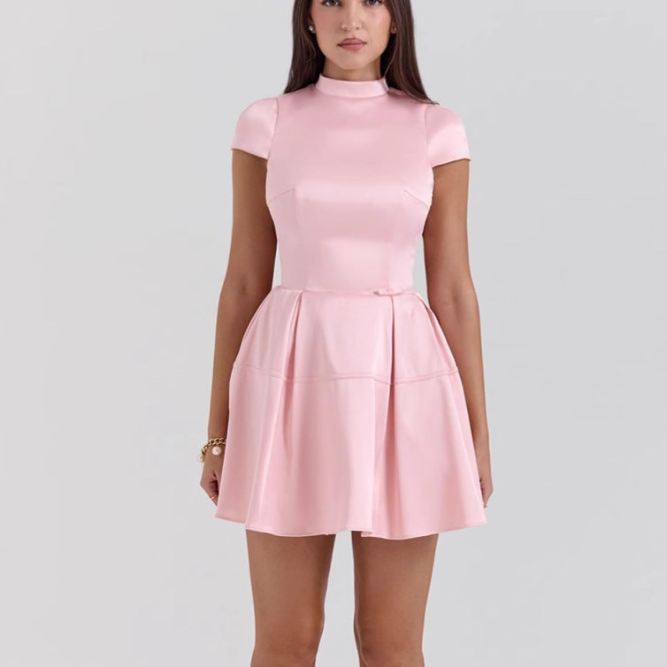 Damen Satin Cocktailkleid mit Stehkragen und voluminösem Rock Drune