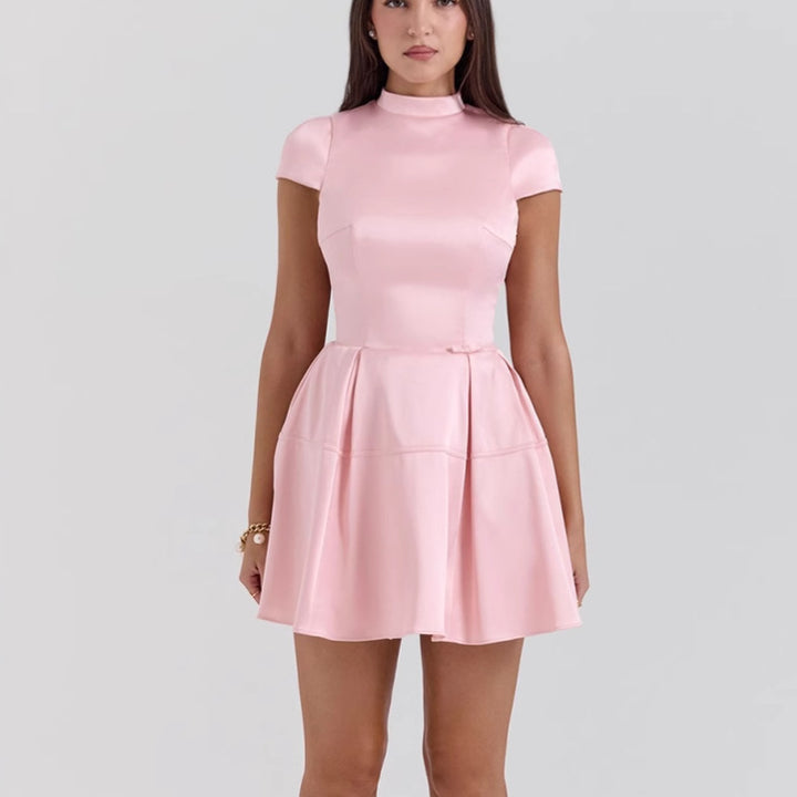 Damen Satin Cocktailkleid mit Stehkragen und voluminösem Rock Drune