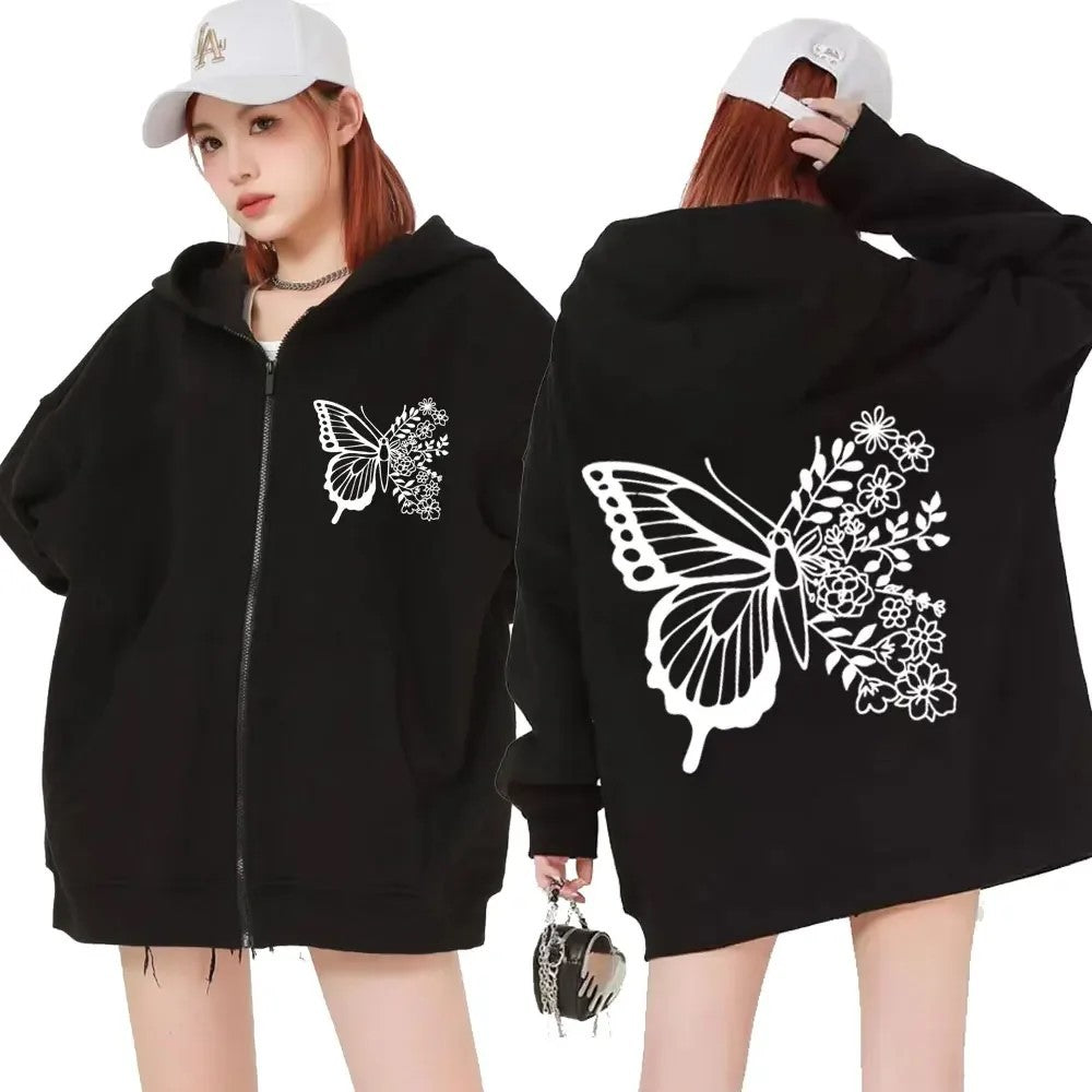 Damen Kapuzenpullover mit floralem Schmetterlingsmotiv und praktischer Kängurutasche Drune