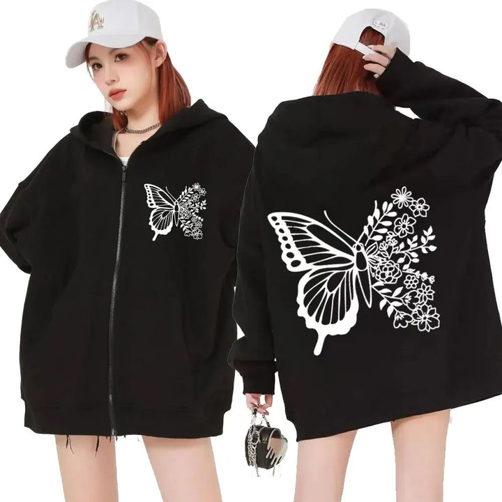 Damen Kapuzenpullover mit floralem Schmetterlingsmotiv und praktischer Kängurutasche Drune