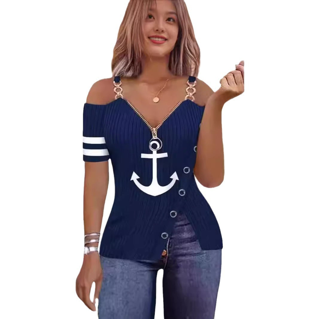 Damen Off-Shoulder Oberteil mit maritimem Motiv und dekorativen Knöpfen Drune