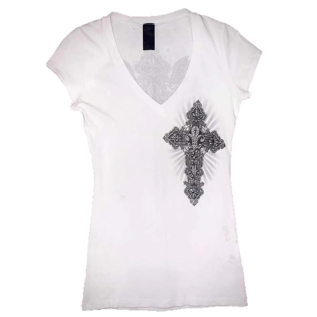 Damen V-Ausschnitt T-Shirt mit kunstvollem Kreuzdesign Drune