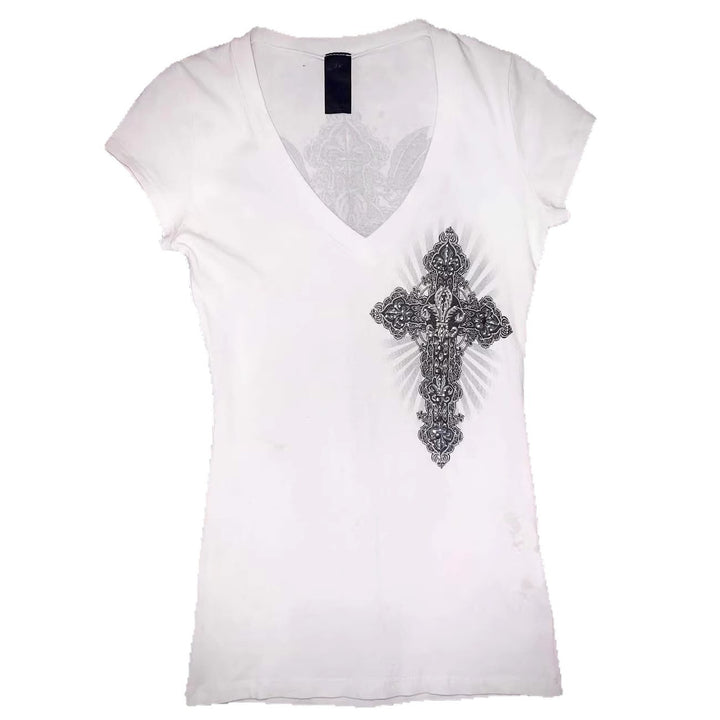 Damen V-Ausschnitt T-Shirt mit kunstvollem Kreuzdesign Drune