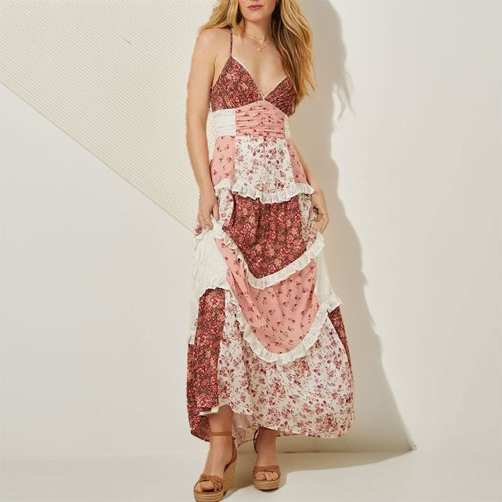 Damen Maxikleid mit zarten Rüschen und floralen Patchwork-Design Drune