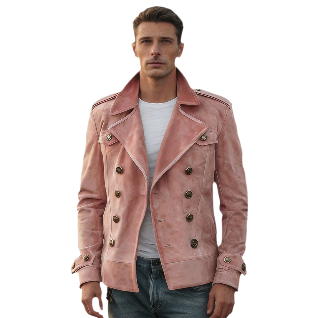 Herren nan doppeltreihige Vintage-Lederjacke mit Reverskragen und Schulterpatten Drune
