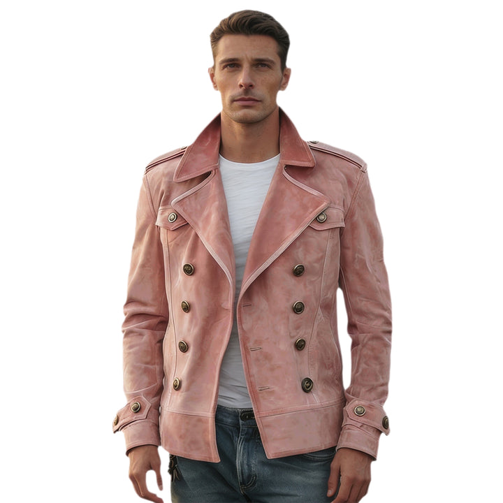 Herren nan doppeltreihige Vintage-Lederjacke mit Reverskragen und Schulterpatten Drune