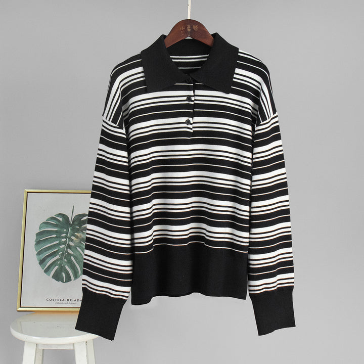 Damen Gestreifter Polo-Pullover mit Knopfleiste und langem Schnitt Drune