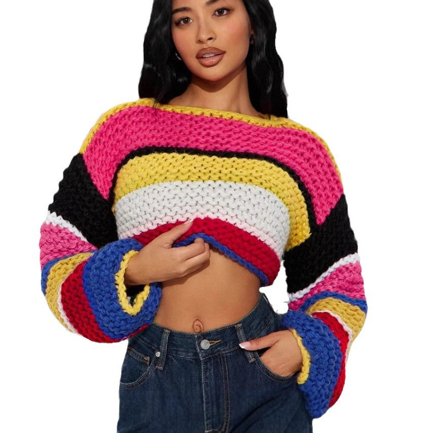 Damen Buntes Cropped Strickoberteil Drune