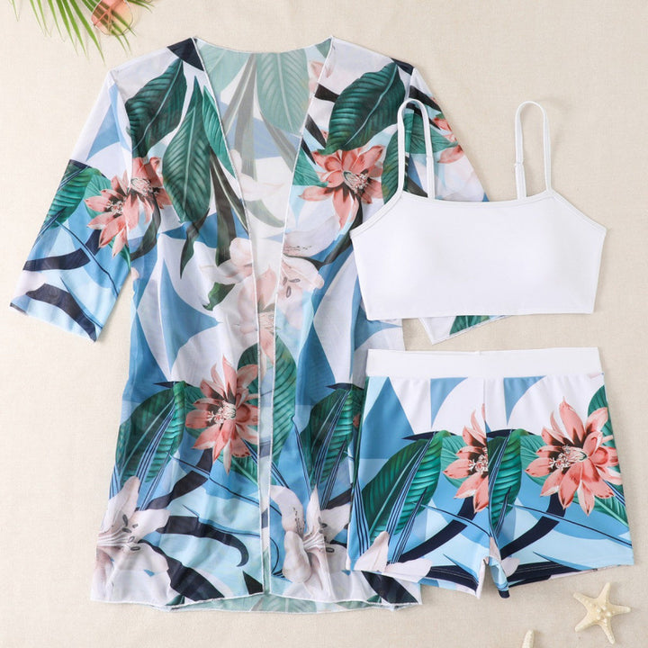 Damen Strandset mit floralem Kimono, Oberteil und Shorts Drune