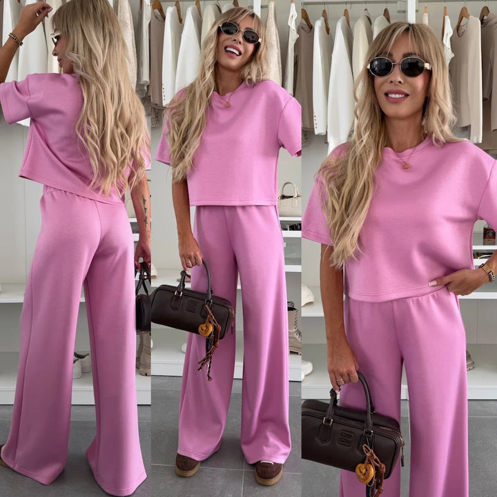 Damen Modisches Cropped Oberteil und weite Hose Set Drune