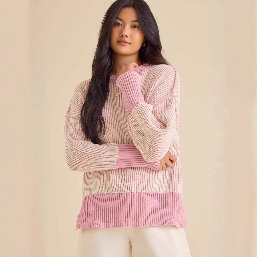 Damen lässiger Strickpullover mit modernem Rippenmuster und überschnittenen Schultern Drune